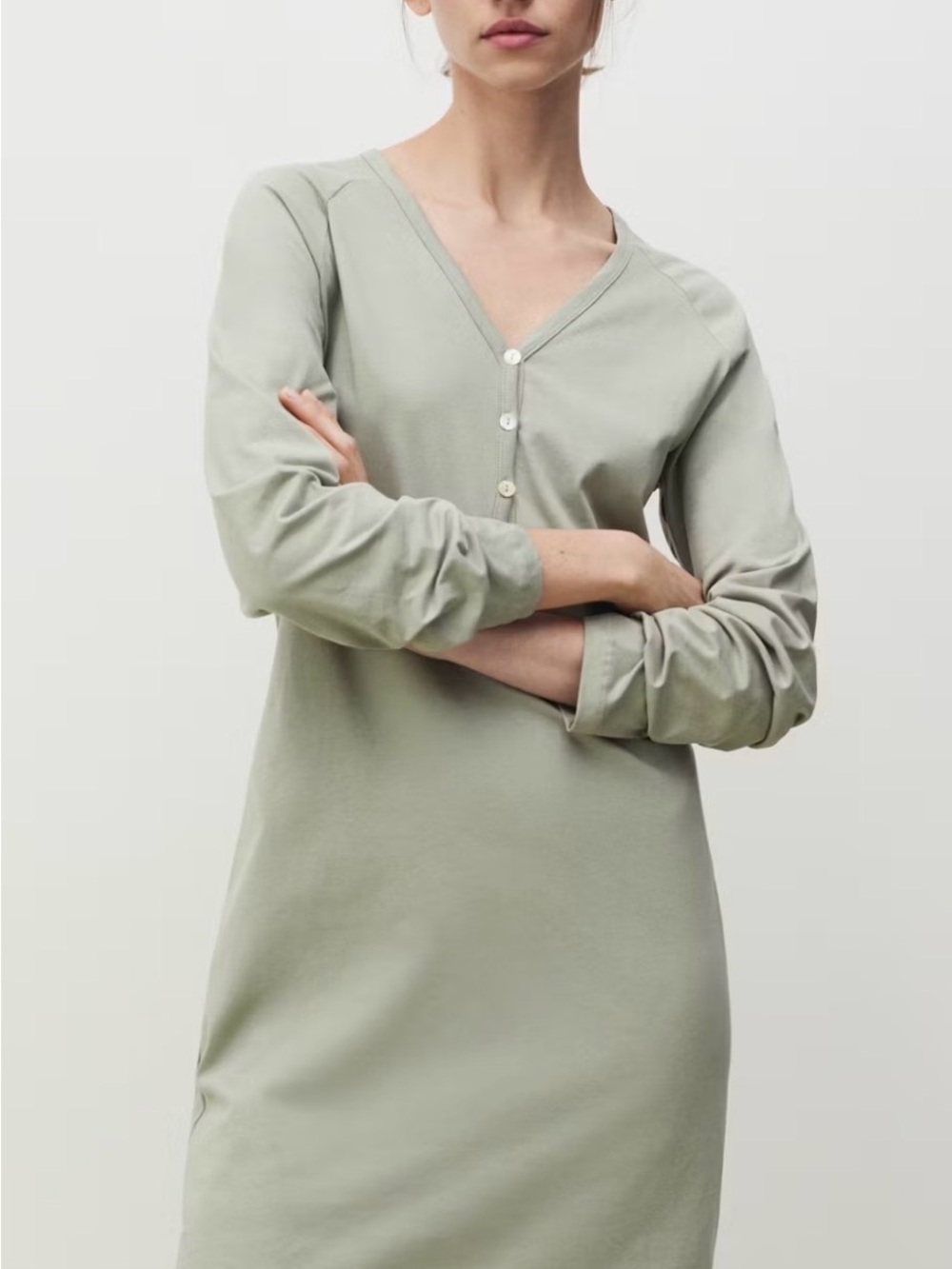 Mango Sage Green Long Sleeve V-Neck Sleep Shirt